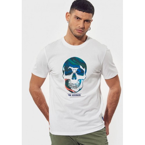 T-shirt Manches Longues KAPORAL Vintage - Imprimé Tête De Mort, Col V, Taille S Kaki