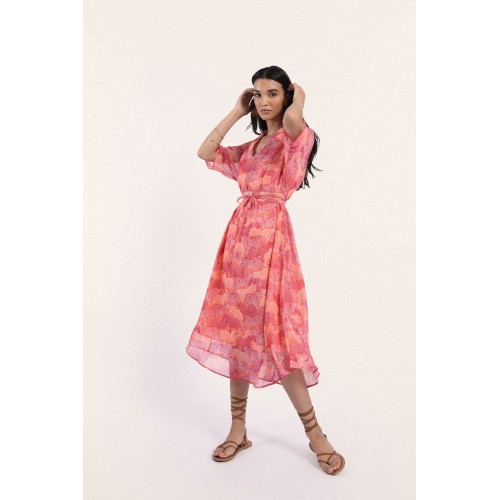 Robe longue imprimé rose, orange col v MOLLY BRACKEN