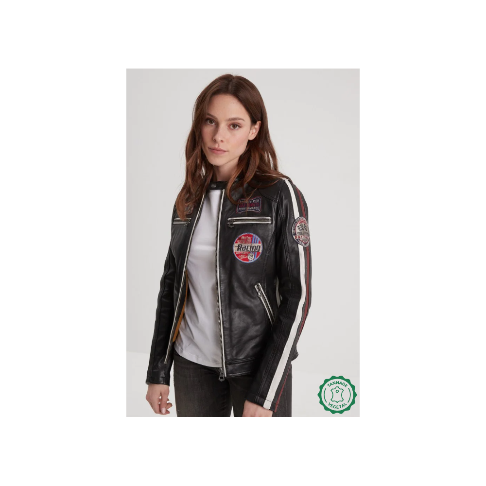 Blouson cuir femme noir patchs motard DAYTONA