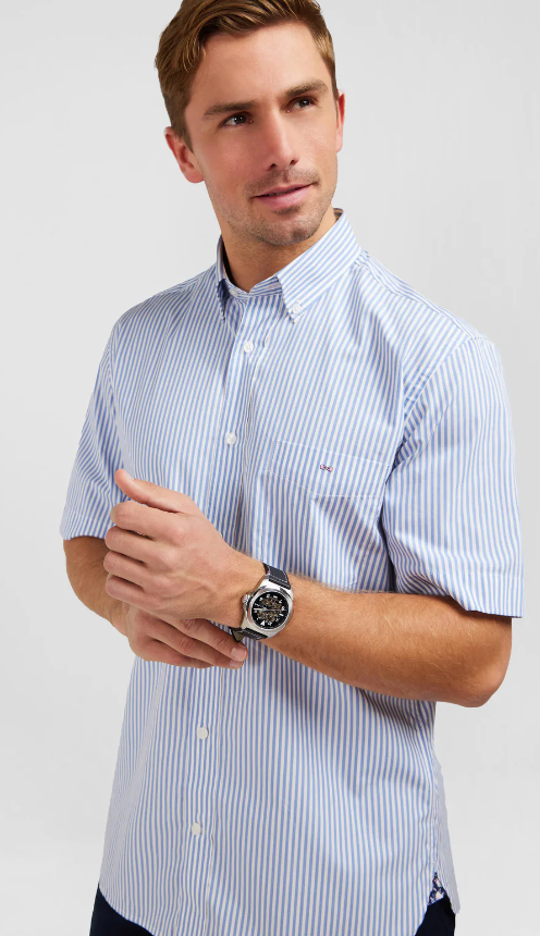 Chemise Homme Esprit Manches Courtes - Rayures Blanc/Bleu - Taille L - Coton 100% - Occasion Très Peu Portée