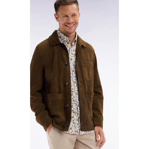 Chemise EDEN PARK  en popeline de coton beige micro-imprimé végétal coupe droite