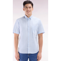 Chemise à manches courtes en popeline de coton rayée ciel coupe droite