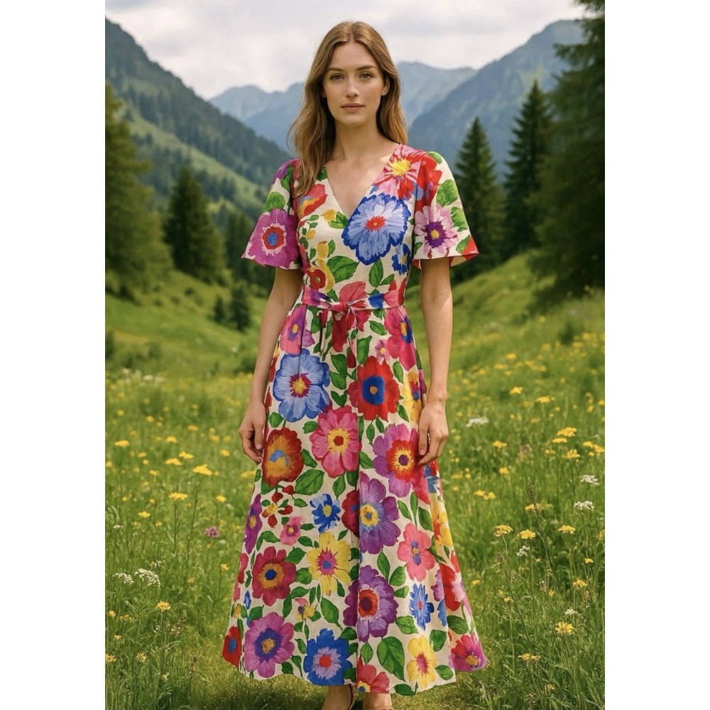 Robe midi imprimé coloré à manches courtes