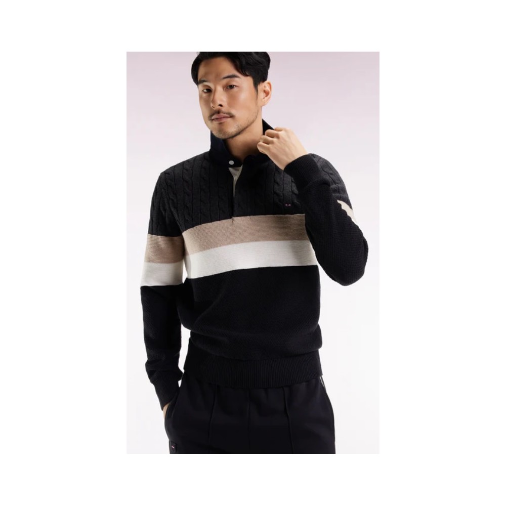 Pull homme EDEN PARK col polo en laine et coton torsadé noir et gris