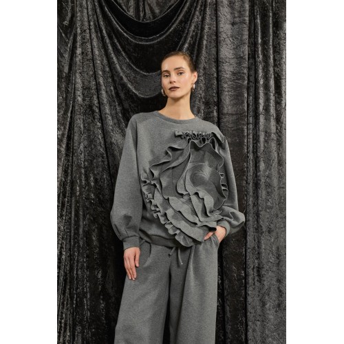 Sweat femme, gris, volants sur le devant SOUVENIR