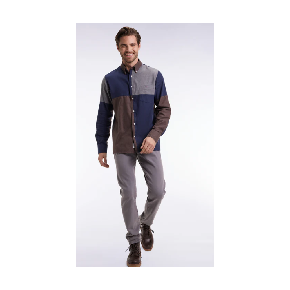 Chemise tricolore en flanelle de coton marine coupe droite