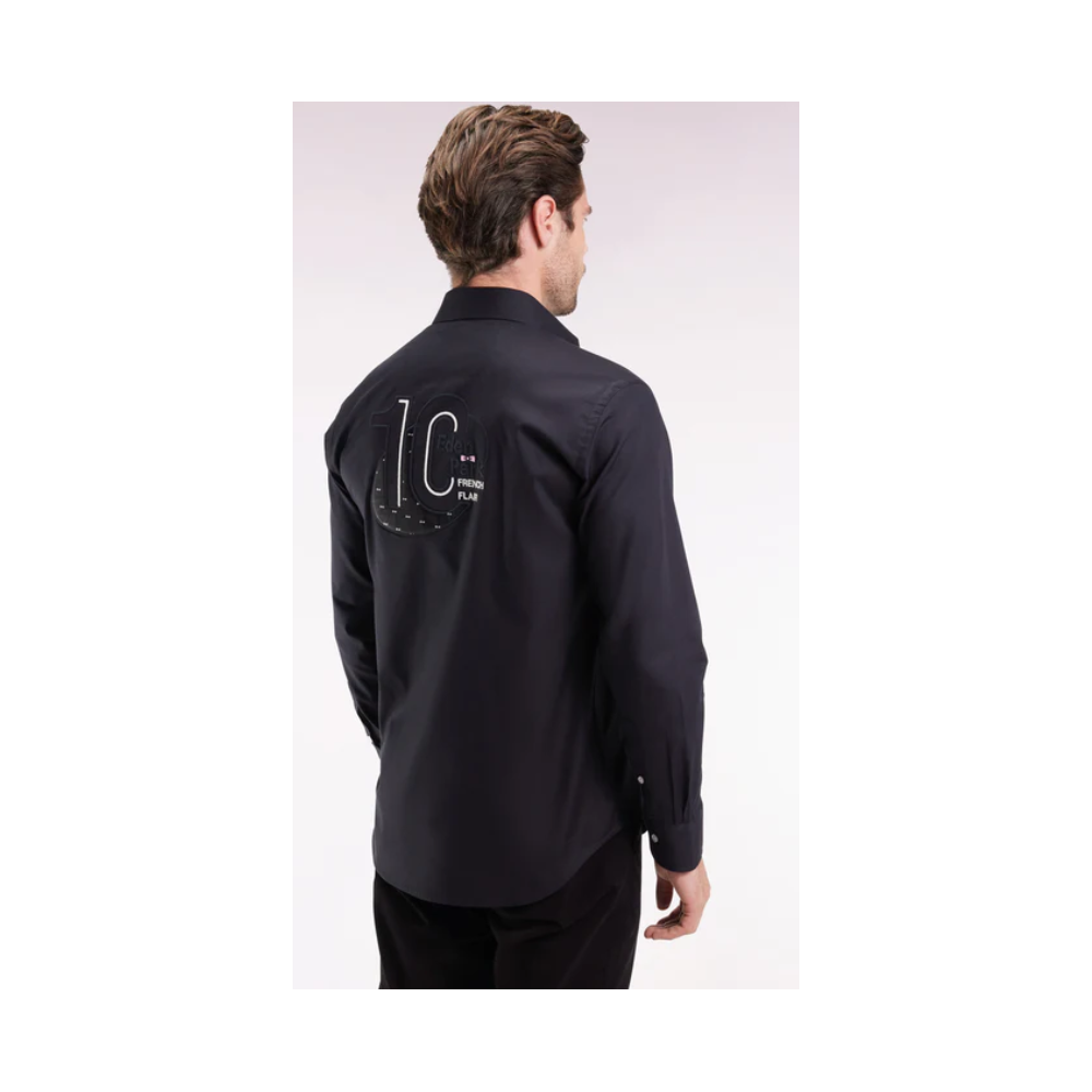 Chemise en coton pinpoint noire broderie dos coupe droite