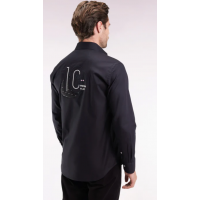 Chemise en coton pinpoint noire broderie dos coupe droite