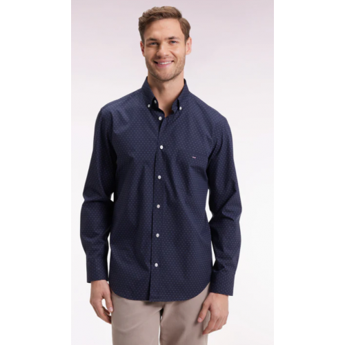 Chemise en coton à micro-motifs nœuds papillon marine coupe droite