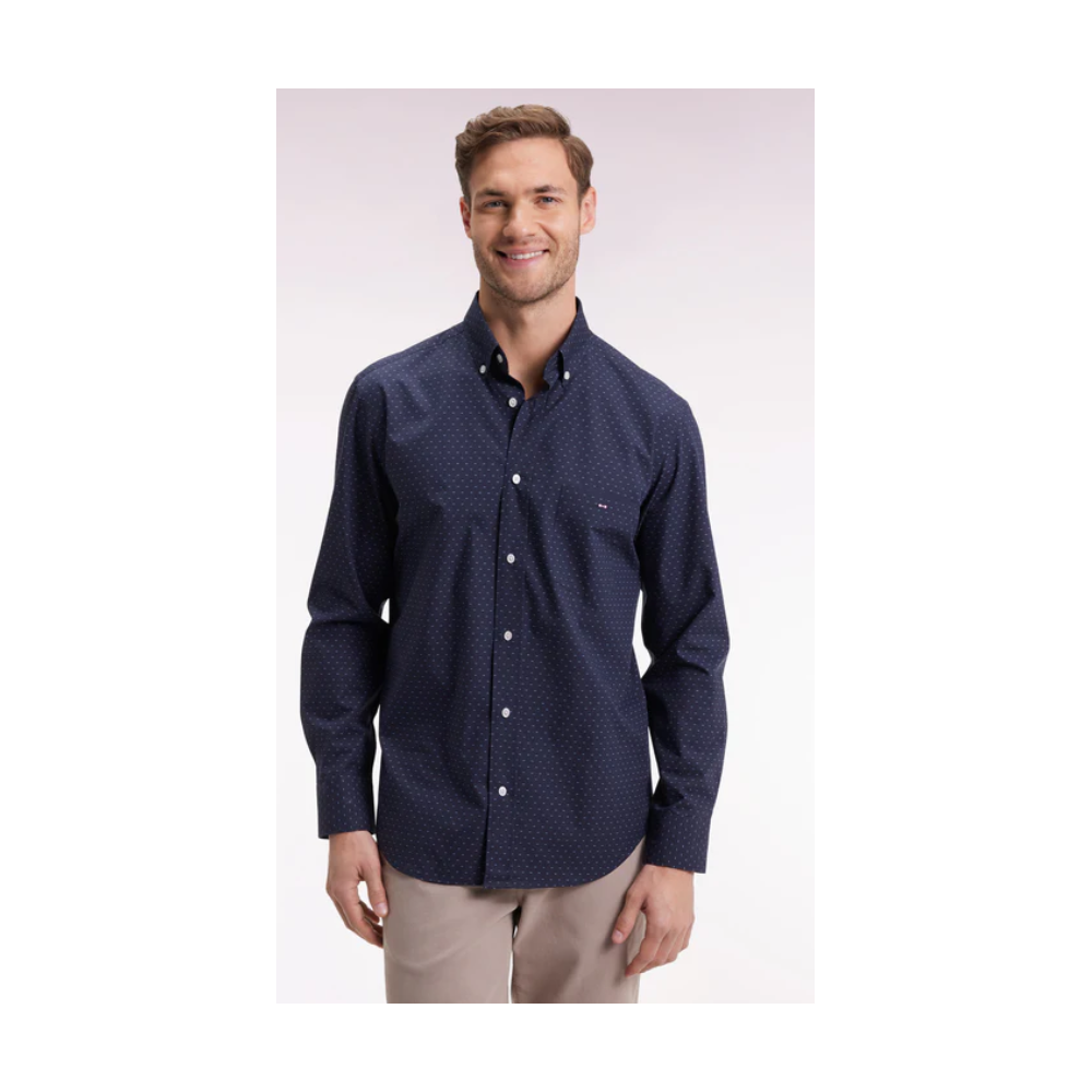 Chemise en coton à micro-motifs nœuds papillon marine coupe droite