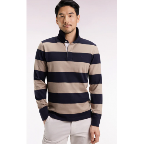 Maillot manches longues en jersey à rayures rugby beige et marine