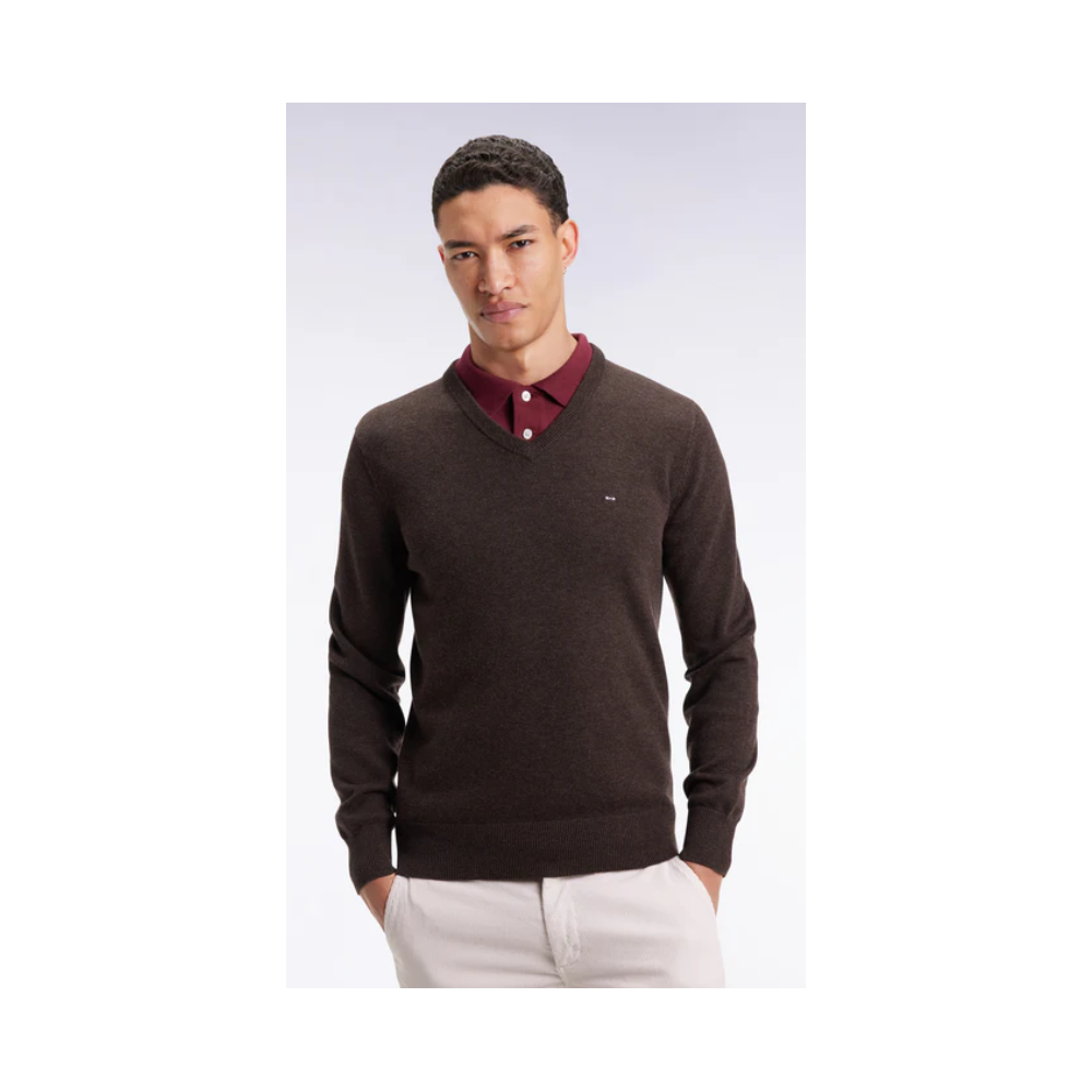 Pull homme EDEN PARK col V en laine et coton marron foncé
