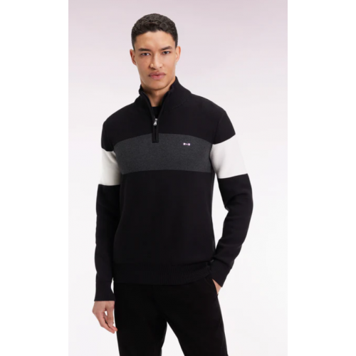 Pull homme EDEN PARK  col camionneur en coton noir broderie dos