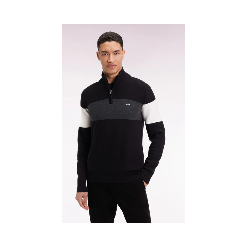 Pull homme EDEN PARK  col camionneur en coton noir broderie dos