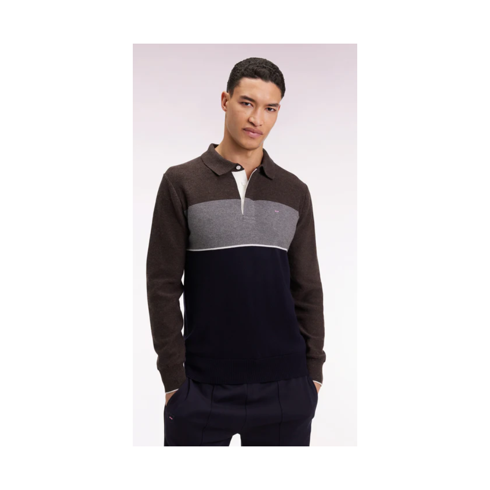 Pull homme EDEN PARK col maillot en laine et coton marine marron et gris