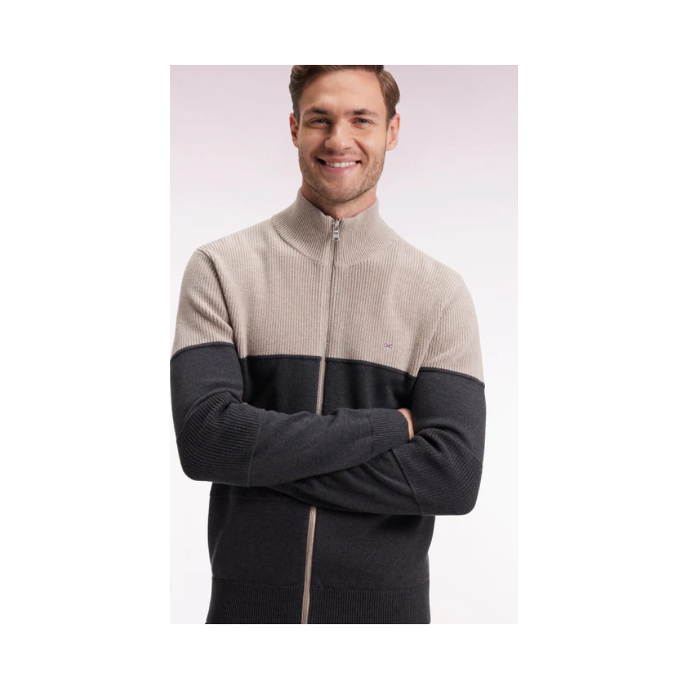 Cardigan EDEN PARK zippé en coton bicolore beige et gris coupe droite