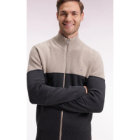 Cardigan EDEN PARK zippé en coton bicolore beige et gris coupe droite