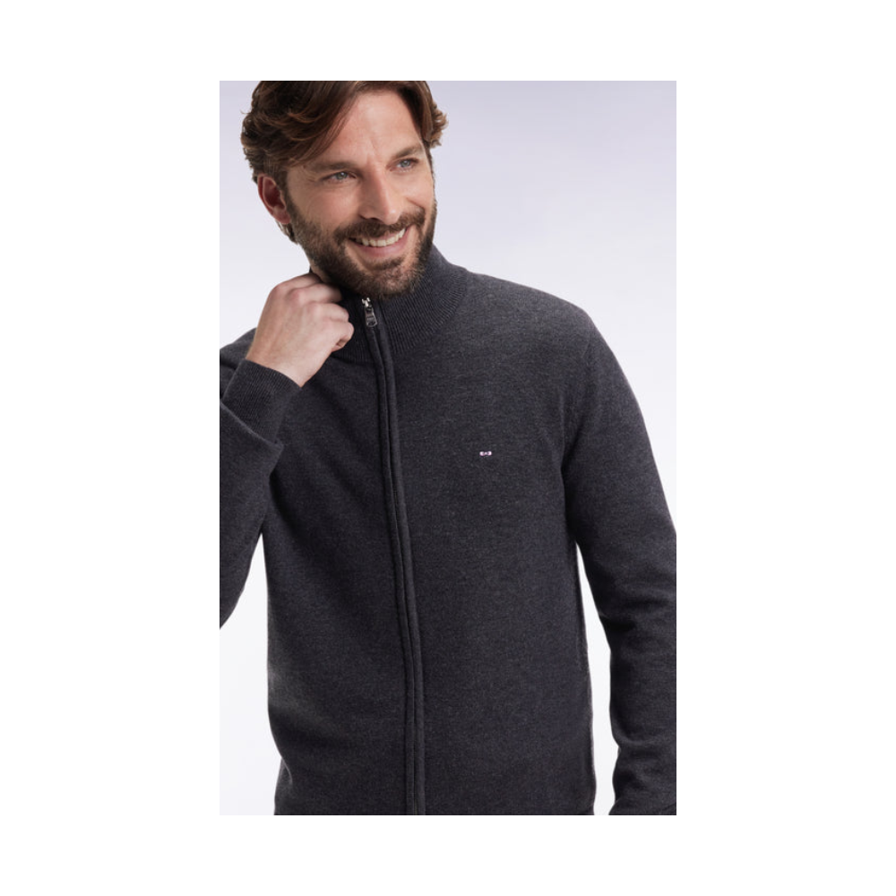 Cardigan EDEN PARK zippé en laine et coton gris foncé coupe droite