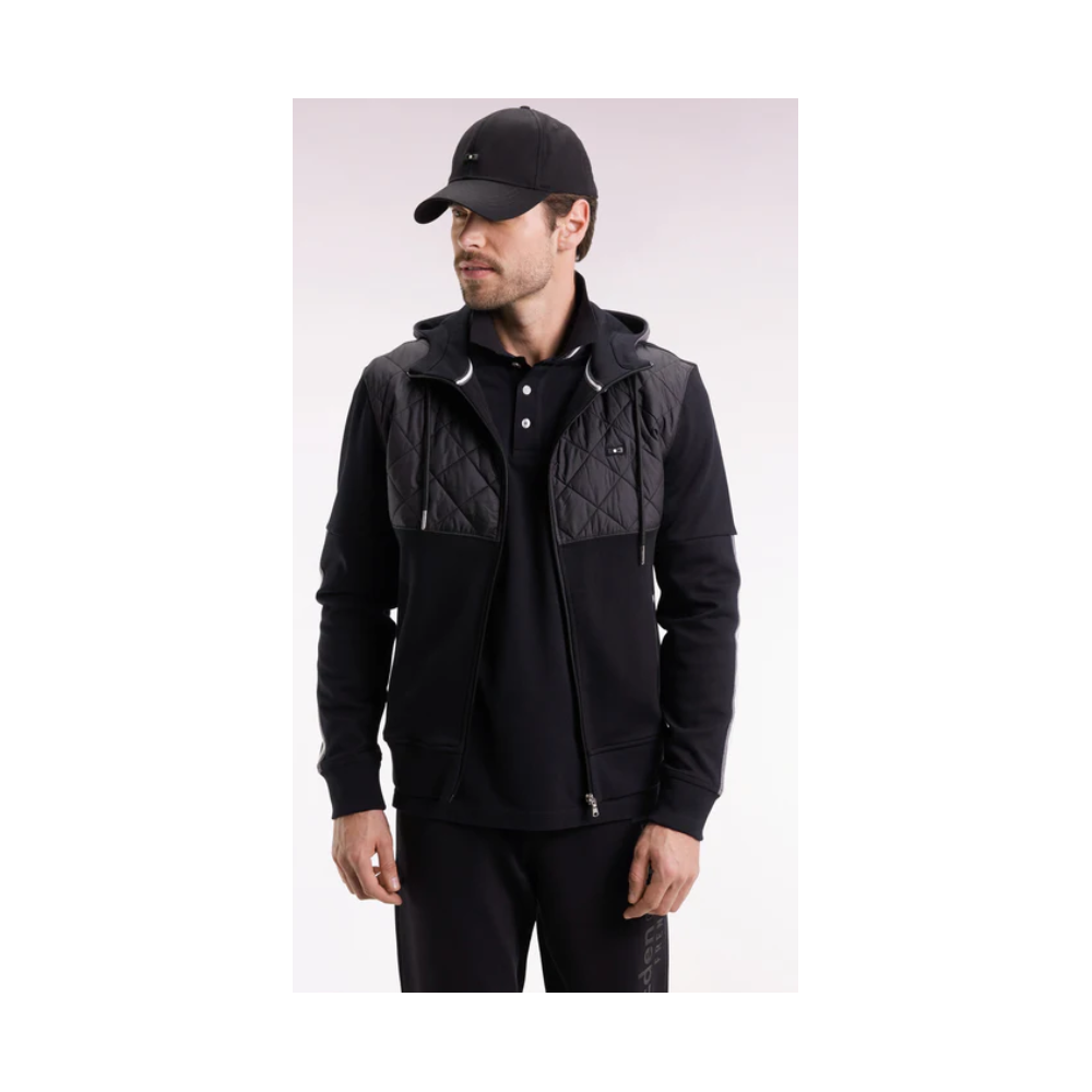 Sweatshirt zippé en interlock bimatière matelassé noir et gris