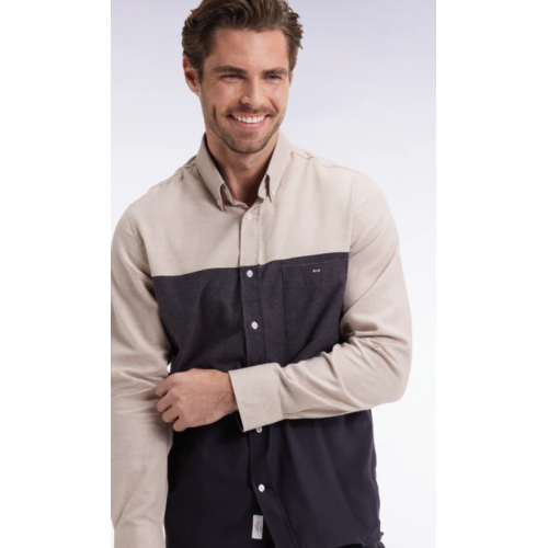 Chemise homme en flanelle tricolore marine et beige coupe droite