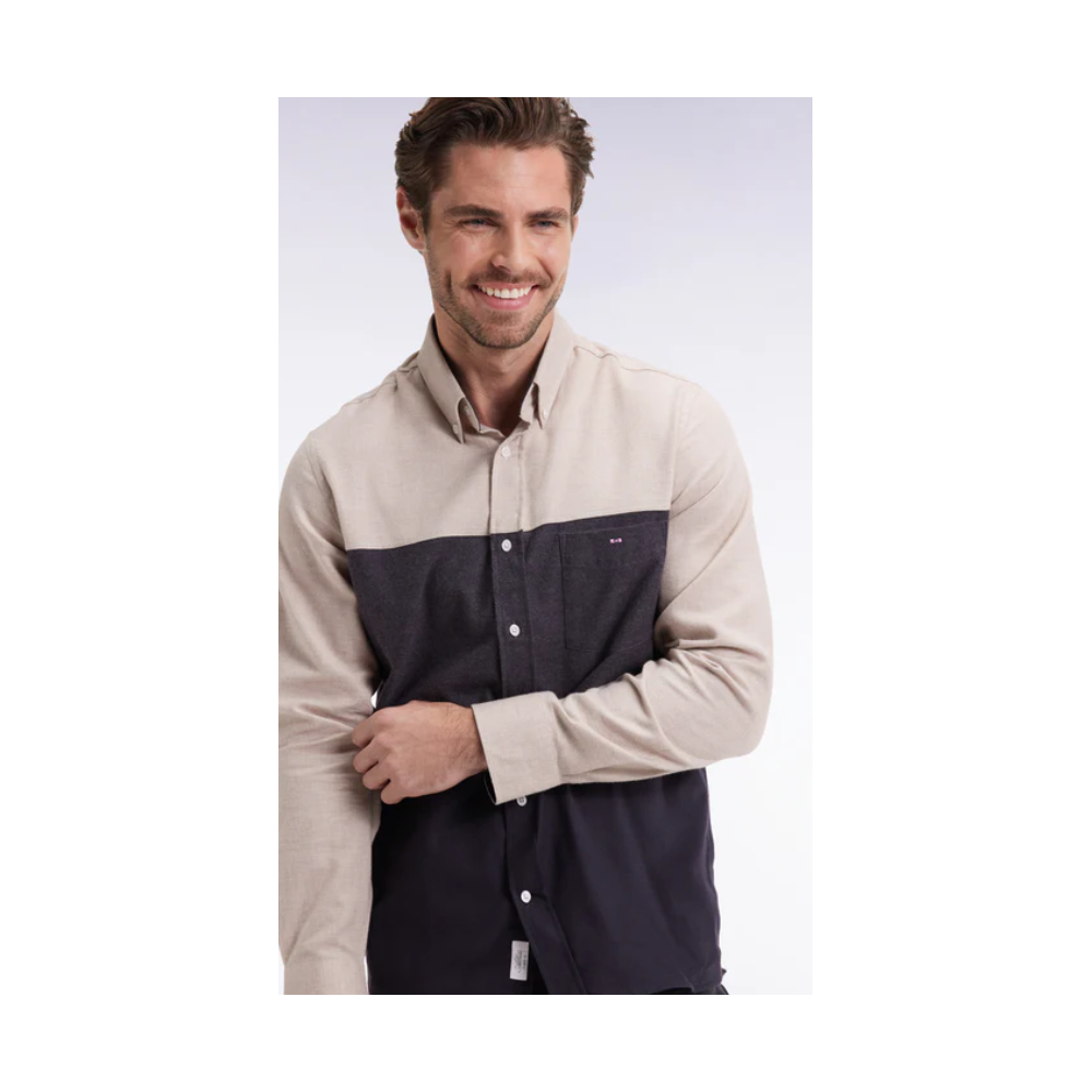 Chemise homme en flanelle tricolore marine et beige coupe droite