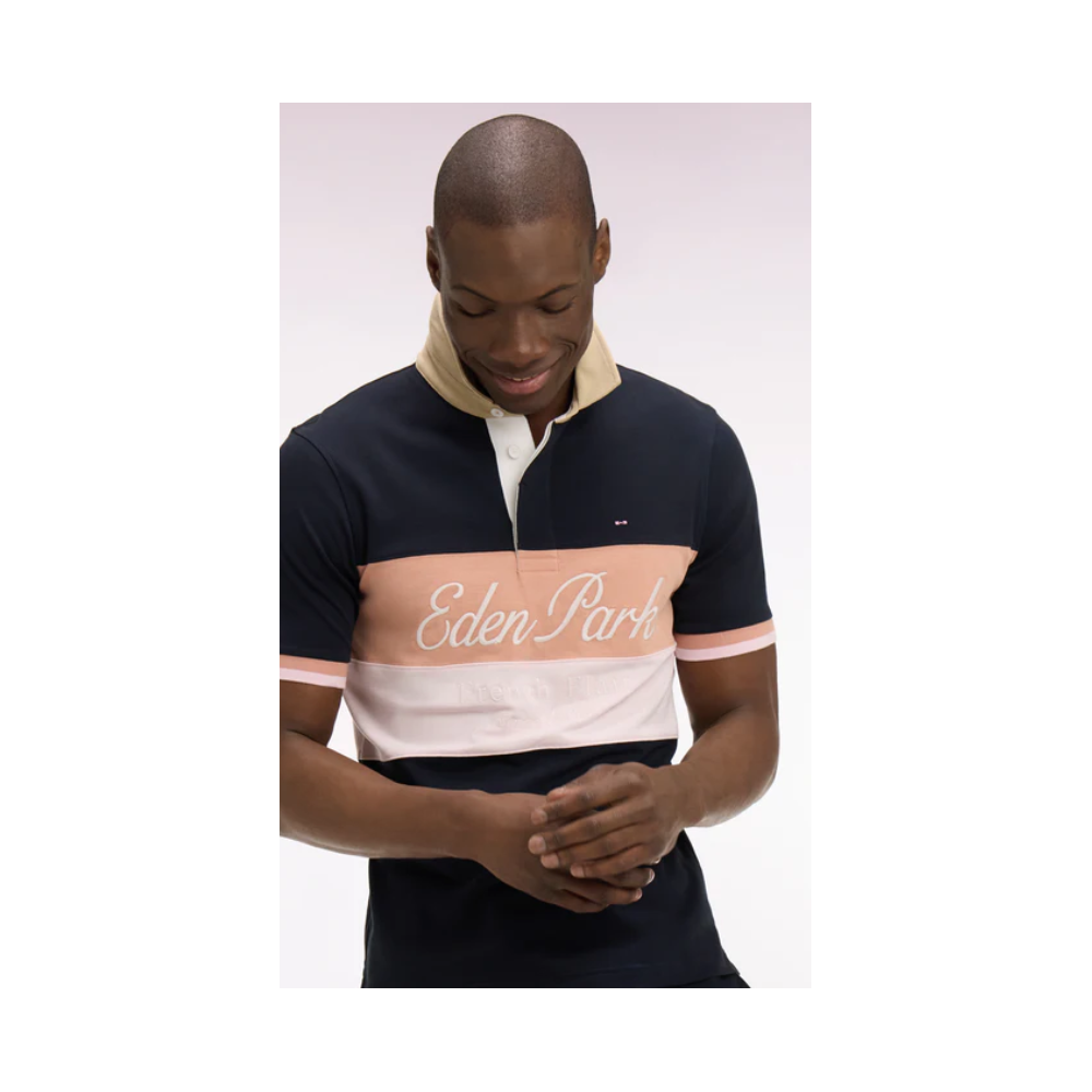 Maillot ETE  à manches courtes marine à découpes pastel et broderie