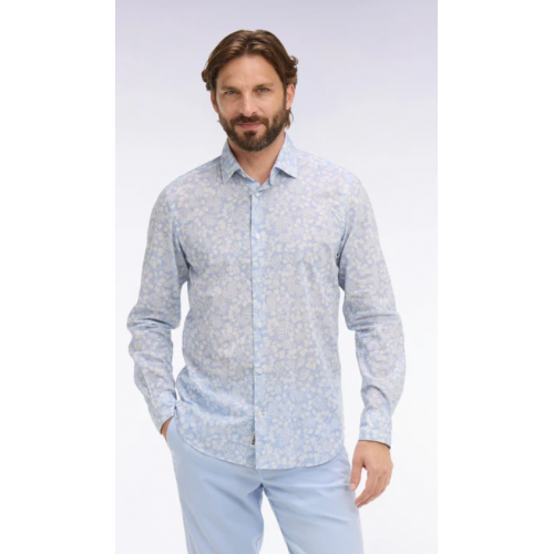 Chemise ETE en popeline de coton bleu ciel à micromotifs végétal coupe slim