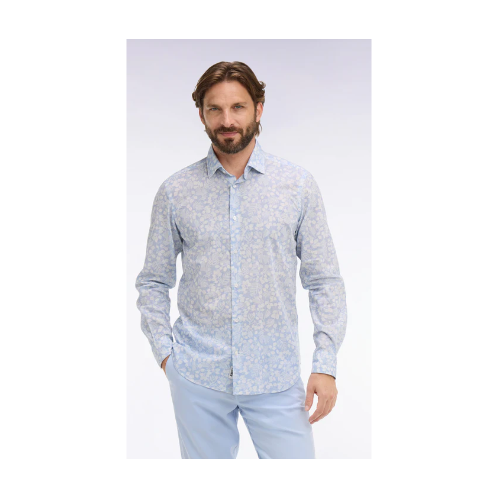 Chemise ETE en popeline de coton bleu ciel à micromotifs végétal coupe slim