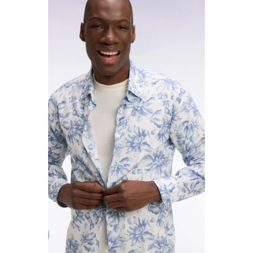 Chemise ETE en popeline de coton italienne bleu ciel imprimé floral coupe regular