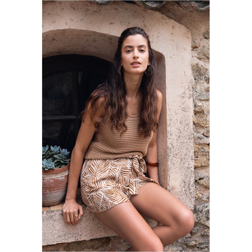 Débardeur ETE femme, en maille crochet camel MOLLY BRACKEN