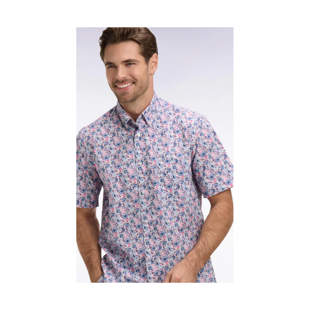 Chemise ETE manches courtes en coton à motif floral rose et bleu