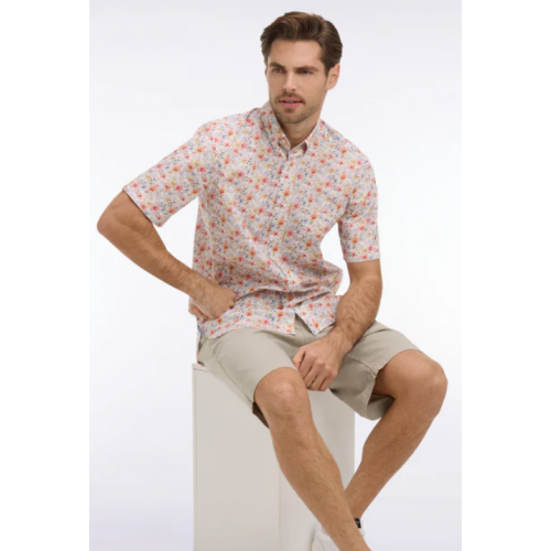 Chemise ETE manches courtes en popeline et chambray à motif floral orange