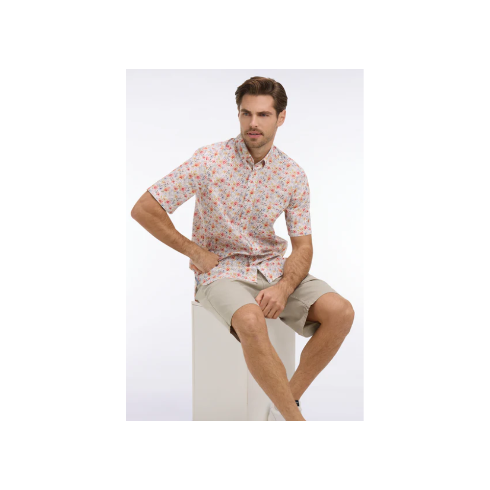 Chemise ETE manches courtes en popeline et chambray à motif floral orange