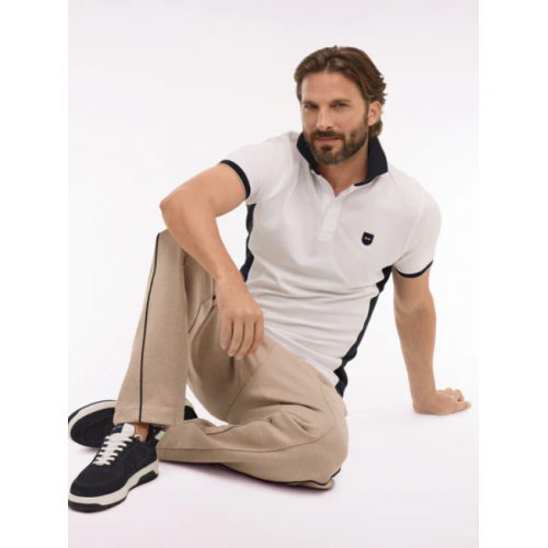 Polo ETE MC EDEN PARK en coton blanc et découpes marine coupe slim