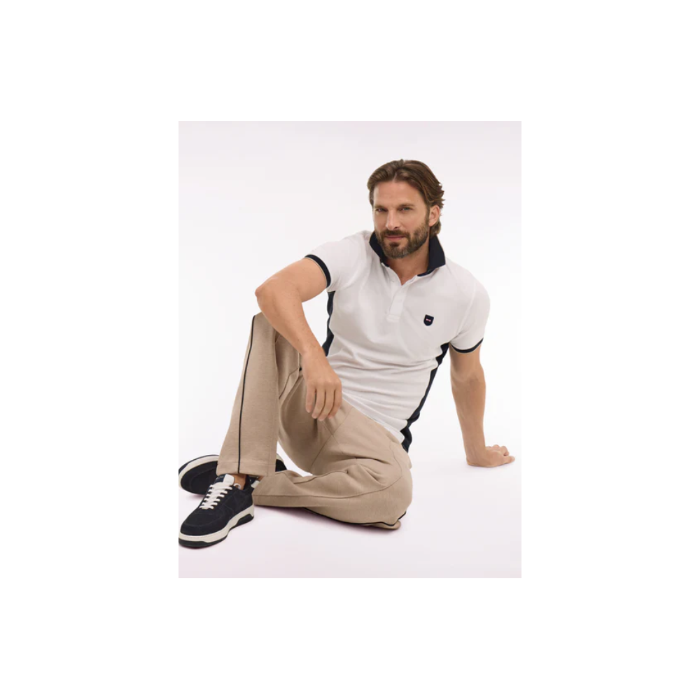 Polo ETE MC EDEN PARK en coton blanc et découpes marine coupe slim