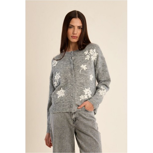 Cardigan femme HIVER, en maille à fleurs gris clair MOLLY BRACKEN