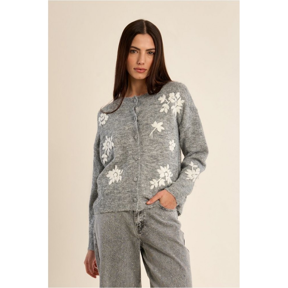 Cardigan femme HIVER, en maille à fleurs gris clair MOLLY BRACKEN