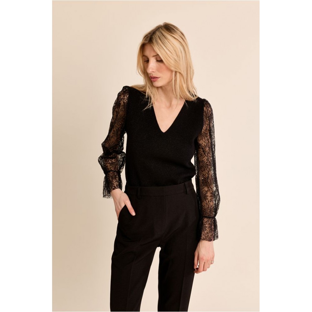 Pull femme HIVER, manches dentelle noir MOLLY BRACKEN