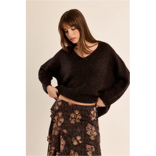 Pull femme HIVER, en maille marron, col V MOLLY BRACKEN