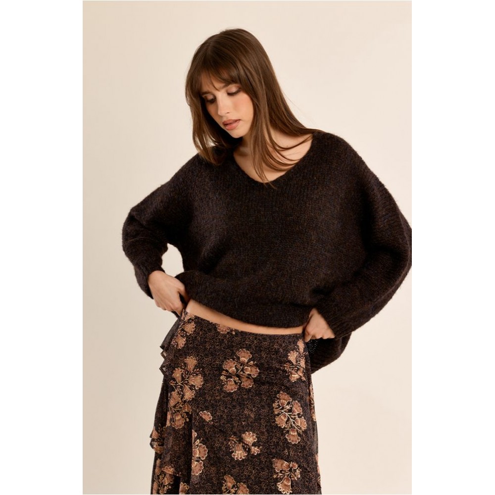 Pull femme HIVER, en maille marron, col V MOLLY BRACKEN