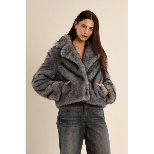 Veste HIVER femme, courte en fausse fourrure grise MOLLY BRACKEN