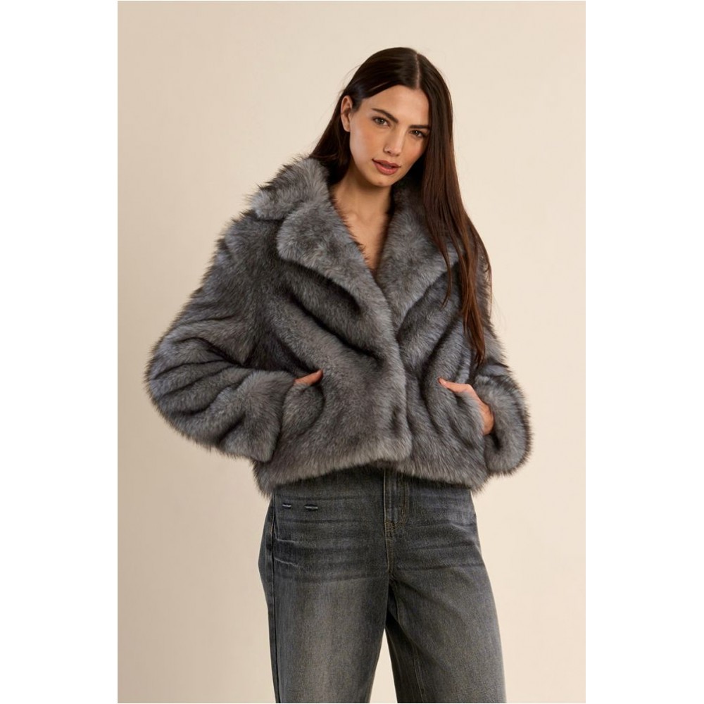 Veste HIVER femme, courte en fausse fourrure grise MOLLY BRACKEN