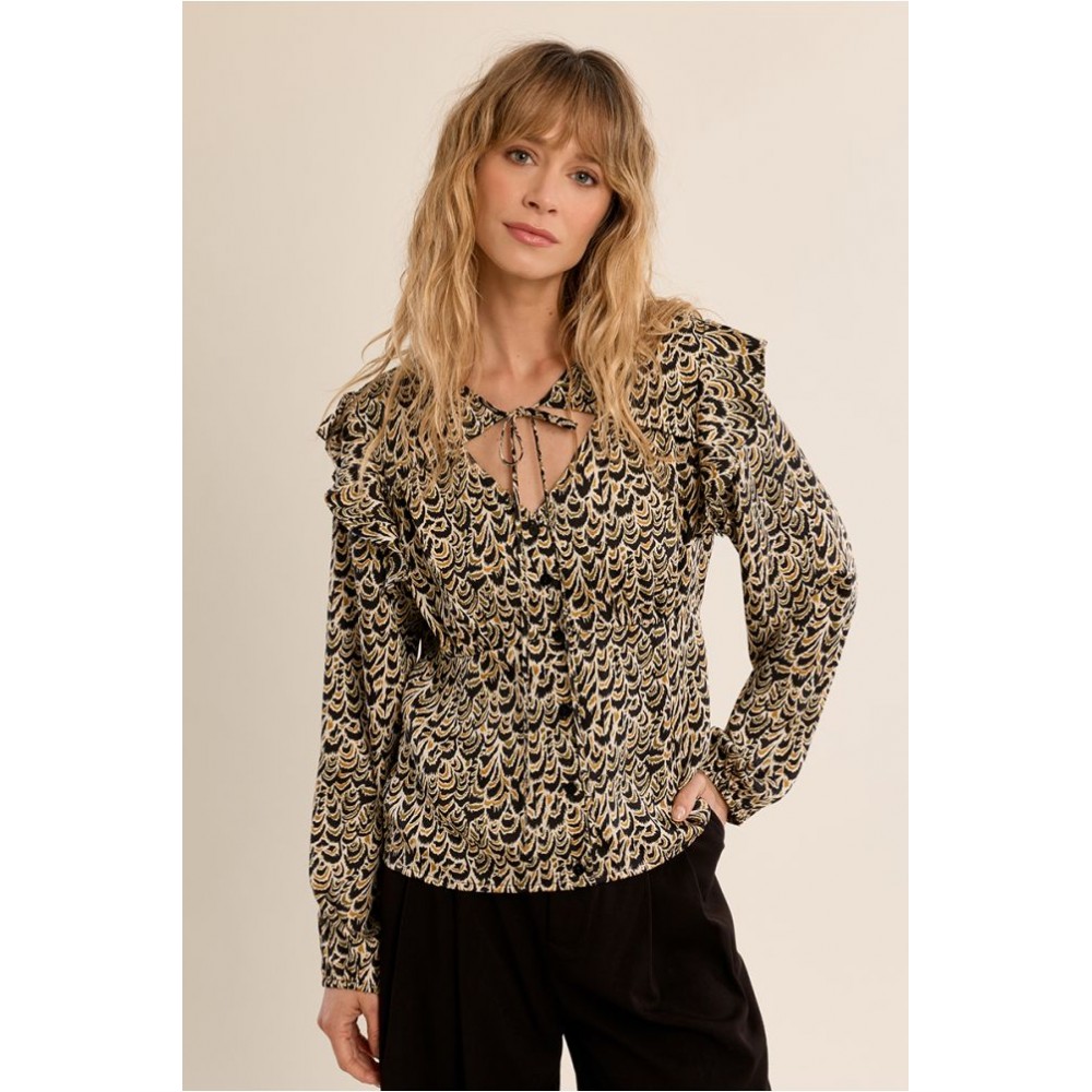 Blouse HIVER avec épaulettes à nouer, imprimé jaune, kaki et noir MOLLY BRACKEN