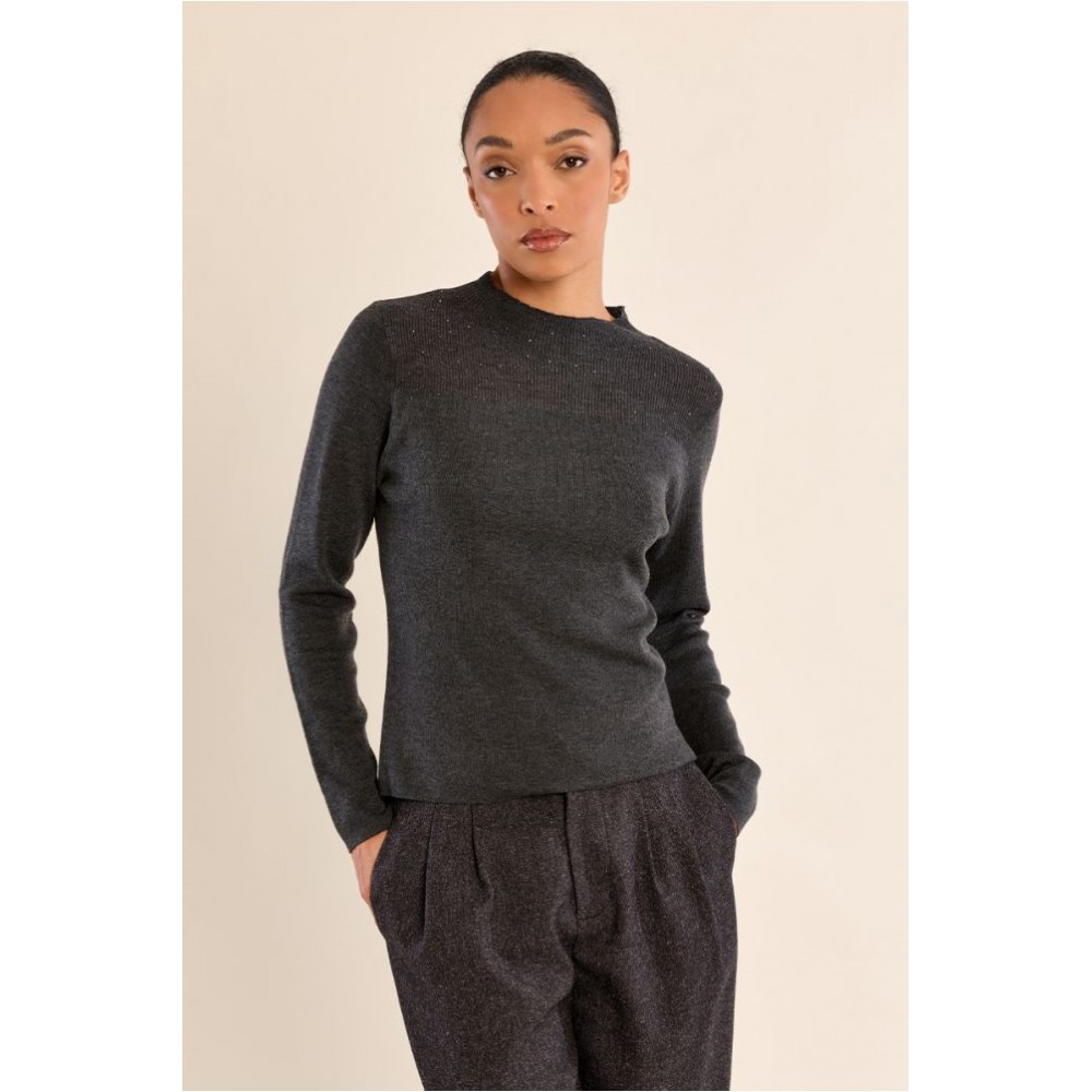 Pull fin HIVER femme, manches longues, col en semi-transparence anthracite MOLLY BRACKEN