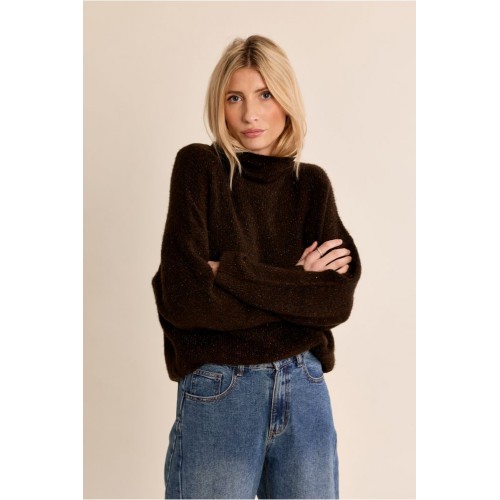 Pull femme HIVER,  marron à strass, côtelé, col roulé MOLLY BRACKEN