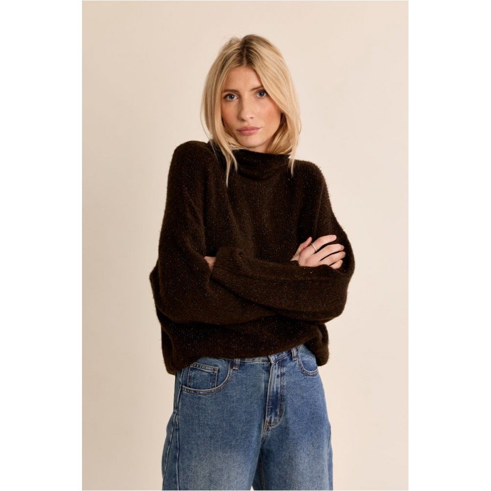 Pull femme HIVER,  marron à strass, côtelé, col roulé MOLLY BRACKEN