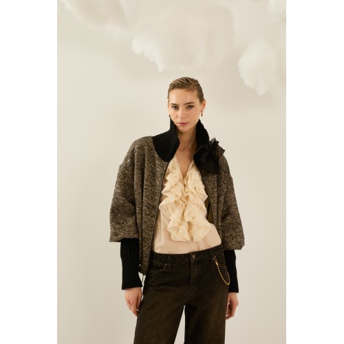 Blouson femme HIVER, chiné noir et beige, manches tricots SOUVENIR