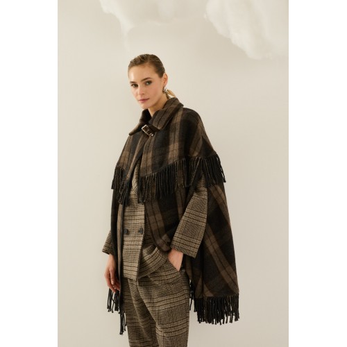 Cape femme HIVER, carreaux et franges marron SOUVENIR