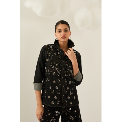 Chemise femme HIVER, en jean anthracite avec des perles SOUVENIR